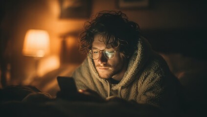 Man With Glasses Using Smartphone At Night In Bedroom With Warm Lamp Light