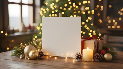 Blank white card surrounded by festive christmas decorations, golden ornaments, pinecones, a lit candle, and a gift box on a wooden table, with a blurred christmas tree background