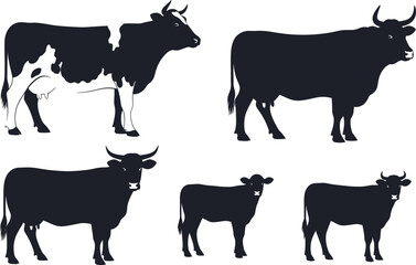 Silhouette cow collection, black cattle illustration, dairy animal vector set, farm livestock art, agriculture graphic design, rural animal shapes, domestic cattle icons