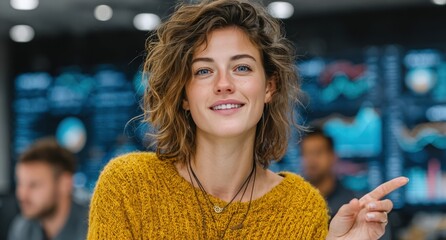 Smiling Woman With Curly Hair And Yellow Sweater Points Finger Forward With Blurred Office Background