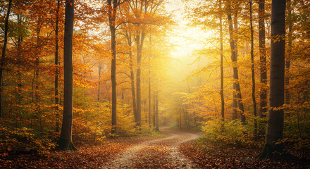 Sunlit Winding Path Through a Vibrant Autumn Forest