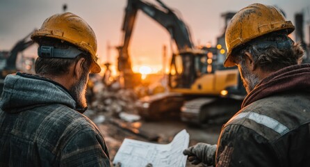 Two Construction Workers Review Blueprints at a Demolition Site During Sunset with Heavy Machinery in Background