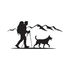 Silhouette of hiker and dog in mountains