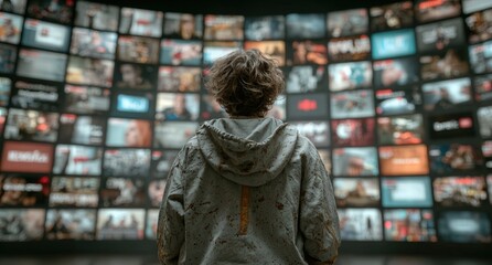 Child Stands Before Large Wall Of Screens Showing Diverse Content In Dim Lighting