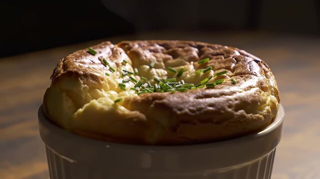 An elegant and perfectly risen savory cheese souffl&eacute; with a golden brown crust, garnished with fresh chives in a white ramekin