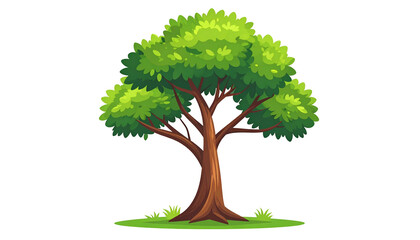 A cartoon tree with lush green foliage, a brown trunk, and small patches of grass