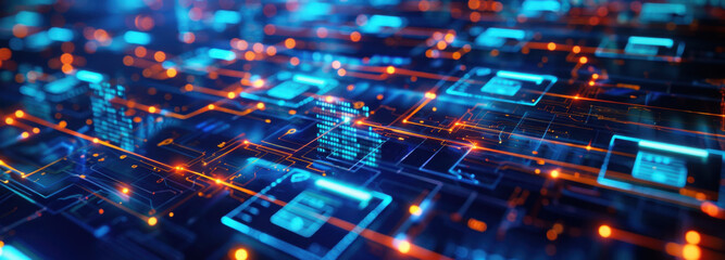 Cybernetic Canvas: An intricate digital circuit board pulses with vibrant energy, illuminating the essence of technological advancement and data transmission.