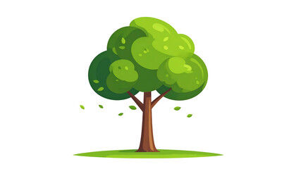 Cartoon tree with green leaves, brown trunk, on grass, and falling leaves against black