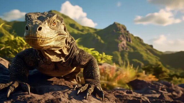 Large lizard resting on a rock with a scenic mountainous landscape