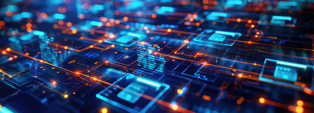 Cybernetic Canvas: An intricate digital circuit board pulses with vibrant energy, illuminating the essence of technological advancement and data transmission.