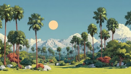 Pixel Art Landscape With Palm Trees Mountains And A Bright Sun In Clear Blue Sky