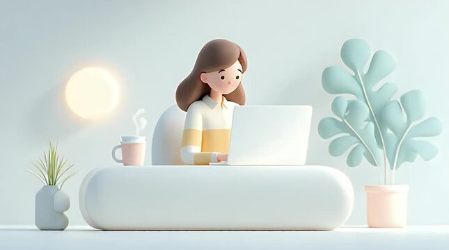 Minimal Home Office with Coffee Cup and Tiny Plant