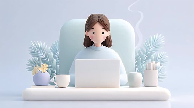 3D Cartoon Woman Typing on Laptop at White Desk