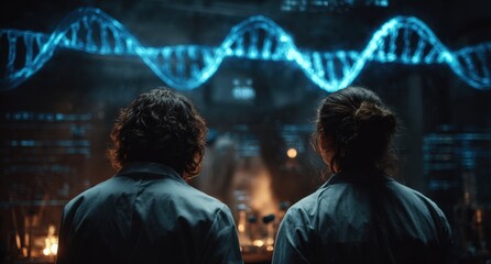 Two Scientists Observe Glowing Blue DNA Strands in Futuristic Laboratory Setting