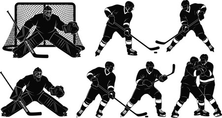 Ice hockey player silhouette set, goalie saves, skating actions, puck control, fighting scene, sports illustration collection for competition, training, and athletic designs