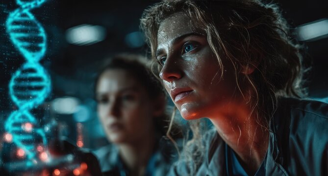 Two Scientists Observe Holographic DNA Strand in Futuristic Laboratory Setting - Powered by Adobe