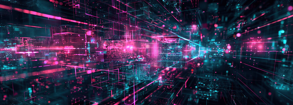 Cyberpunk Cityscape: A vibrant digital landscape bursts with glowing lines, vibrant neon colors, and intricate network of a futuristic metropolis, showcasing the cutting-edge aesthetic of cyberpunk.