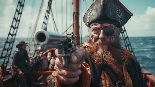 A cinematic portrayal of a pirate on a ship, aiming a pistol. The pirates attire includes a tricorn hat, eye patch, and a long beard. The ships rigging is visible.