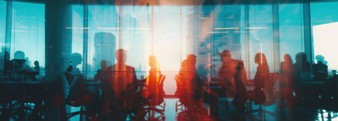 Sunrise over a Professional Gathering: A captivating view unfolds as silhouettes of individuals gather within a modern building, framed against the warm glow of the rising sun.