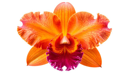 A vibrant orange and purple orchid bloom, center focus, with detailed petals and dark background