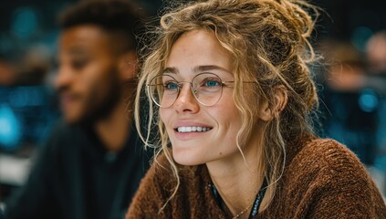Young Woman With Curly Blonde Hair Wearing Glasses Smiling Indoors With Blurred Background