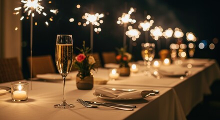Romantic outdoor dinner table at night with sparklers