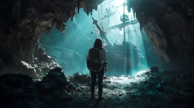 A vivid, atmospheric portrayal of a ship navigating through a cavernous landscape. The ship, with its intricate rigging and hull, is bathed in a cool blue hue, contrasting with the darker.