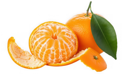 Fresh tangerines, one whole with a green leaf and another peeled, surrounded by citrus peel pieces, isolated on transparent background