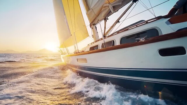Aerial view of a sailboat sailing on ocean during sunset, with the sun casting a golden hue over the waters surface. The boats deck is visible, with a person standing at the helm.