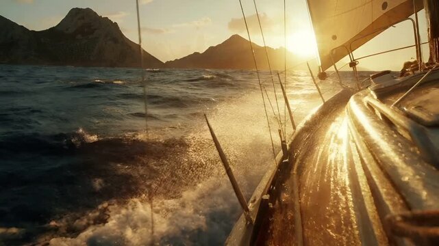 Aerial view of sailboat navigating rough seas during sunset with mountains in the background. The boats deck is illuminated by the setting sun.