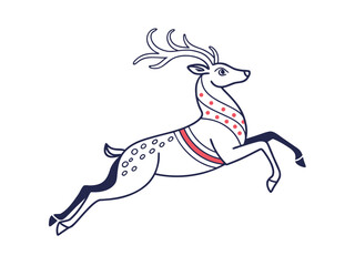 Elegant running reindeer illustration with modern stylized lines and festive decoration patterns in a clean Christmas holiday vector artwork
