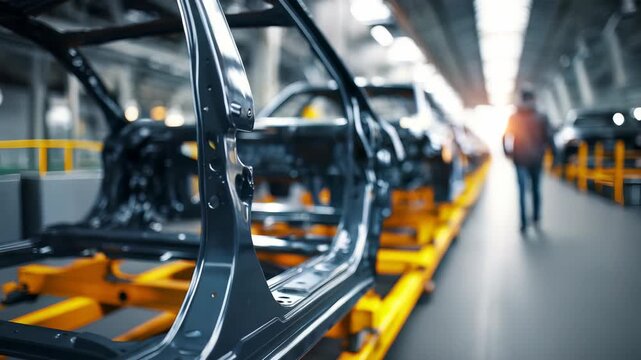Modern automotive manufacturing plant with car frames on assembly line, illuminated by bright industrial lighting. Worker in background symbolizes innovation and advanced technology
