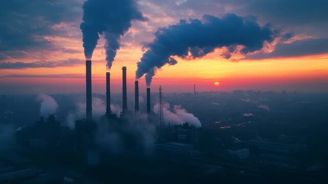 Aerial view of industrial plant emitting smoke at sunset, climate change implications and