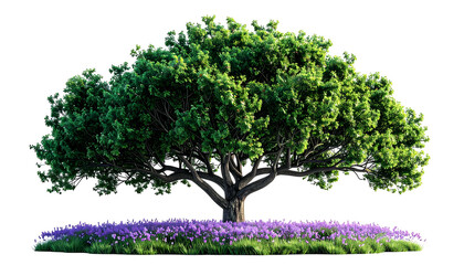 Lush tree with vibrant green canopy, sturdy trunk, set on bed of purple flowers, black background