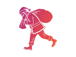 Traditional Santa Claus walking with gift bag illustration, festive Christmas character artwork in minimal flat vector style for holiday projects