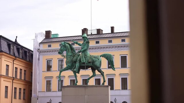 Karl XIV Johan's Statue in front of Royal Palace in Stockholm. Historic landmark in Sweden. Scandinavian travel tourism destination in Europe