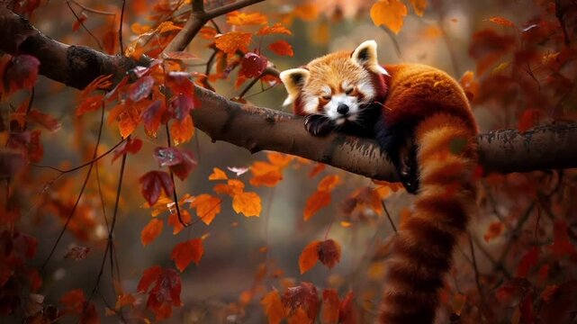 A red panda rests on a tree branch amidst autumn leaves. The scene is bathed in warm hues of orange, red, and brown, creating a serene atmosphere. The pandas fur is a rich reddishbrown.