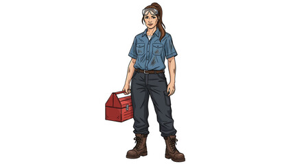 Illustration of a strong, capable woman in work clothes holding a toolbox, representing skilled labor and female empowerment in trades