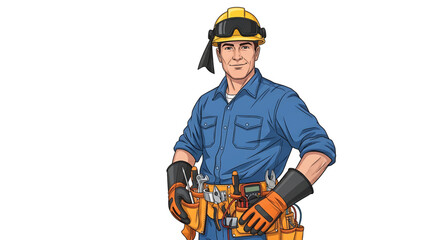 Skilled handyman or electrician character mascot in uniform with safety gear and tools, isolated vector illustration on a white background