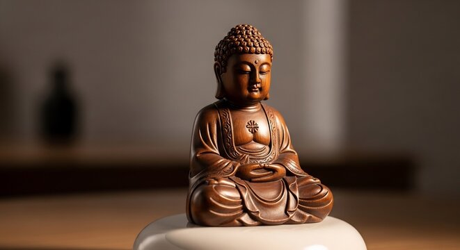 A wooden Buddha statue sits serenely on a white base bathed in soft light against a blurred backdrop
