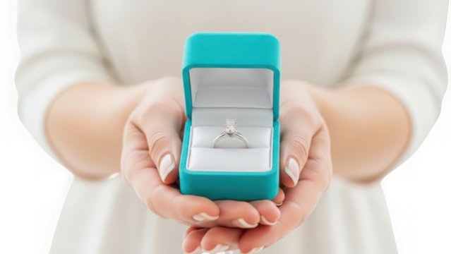 Womans hands holding an open teal engagement ring box with a sparkling diamond ring inside, symbolizing love and commitment, isolated on transparent background - Powered by Adobe