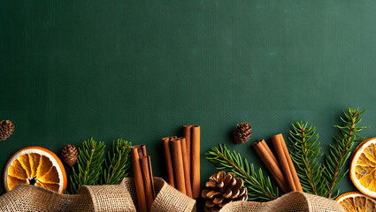 Festive Fragrance: Aromatic cinnamon sticks, pine cones, and dried citrus fruits, evoking the scents of the season, are artfully arranged against a backdrop of rich, verdant green.