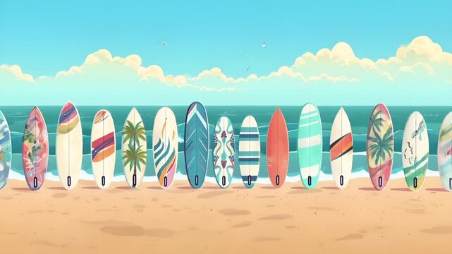 A vibrant illustration of a row of surfboards on a sandy beach, with a clear blue sky and fluffy white clouds overhead. The surfboards are of various shapes and sizes.