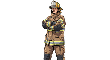 Fototapeta premium Professional firefighter in full protective gear, arms crossed, standing proudly against a white background, ready for action