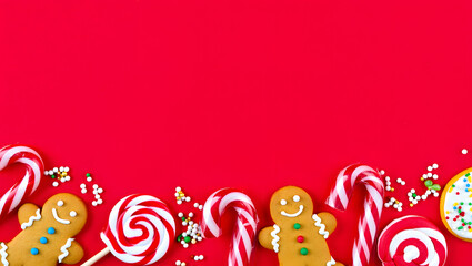 Obraz premium Festive Sweet Treats: A vibrant array of candy canes and gingerbread men, arranged against a bold red backdrop, capture the essence of holiday cheer.