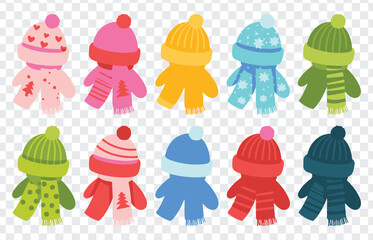 colorful set of  winter hats in a cute decorative style