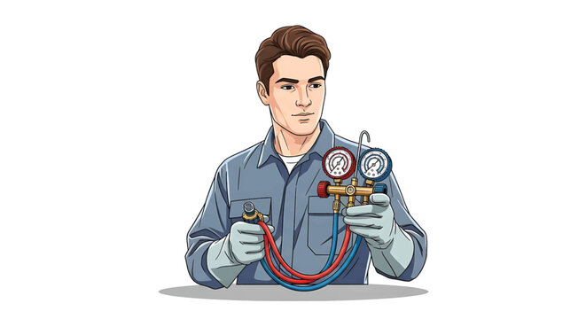 Professional HVAC technician in uniform holding a manifold gauge set for air conditioning system diagnostics and repair