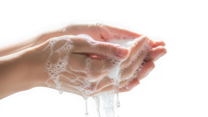 Hands washing with soap and water, creating lather and bubbles, emphasizing hygiene, cleanliness, and health, isolated on transparent background