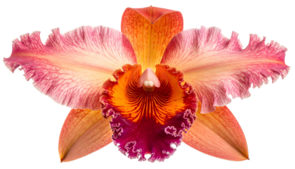 Close-up of a vibrant orchid blossom with ruffled petals and intricate color patterns