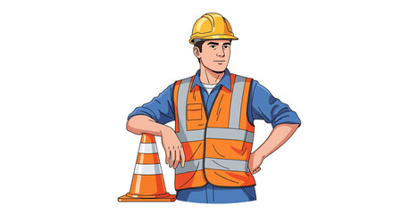 Construction worker in safety vest and hard hat standing next to traffic cone